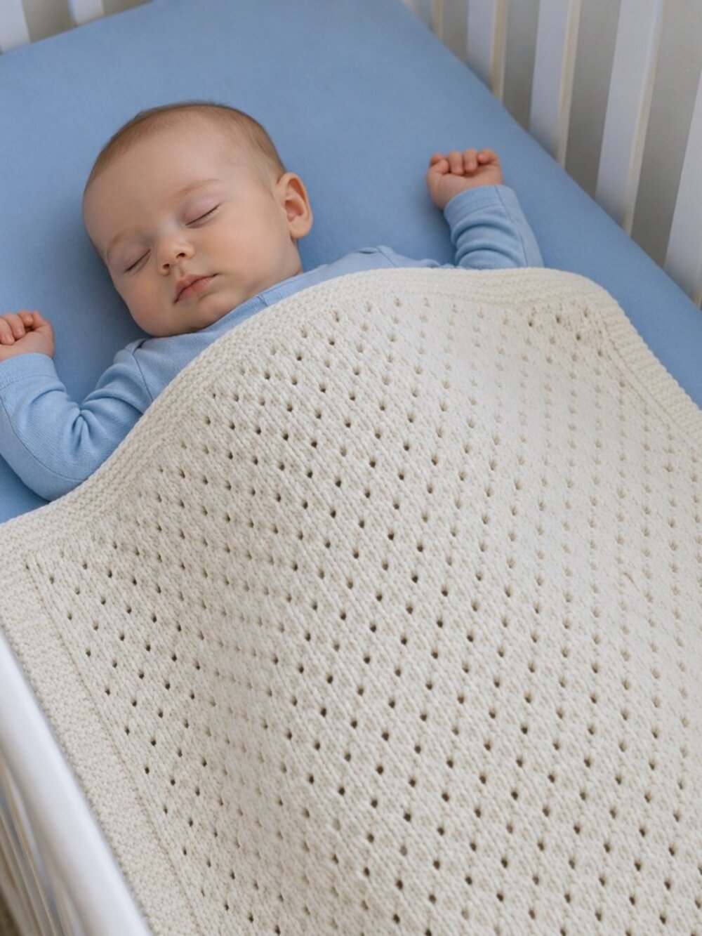 Hand Crocheted White Baby Blanket Med. Worsted Weight Cotton Blend Yarn 43"X36"